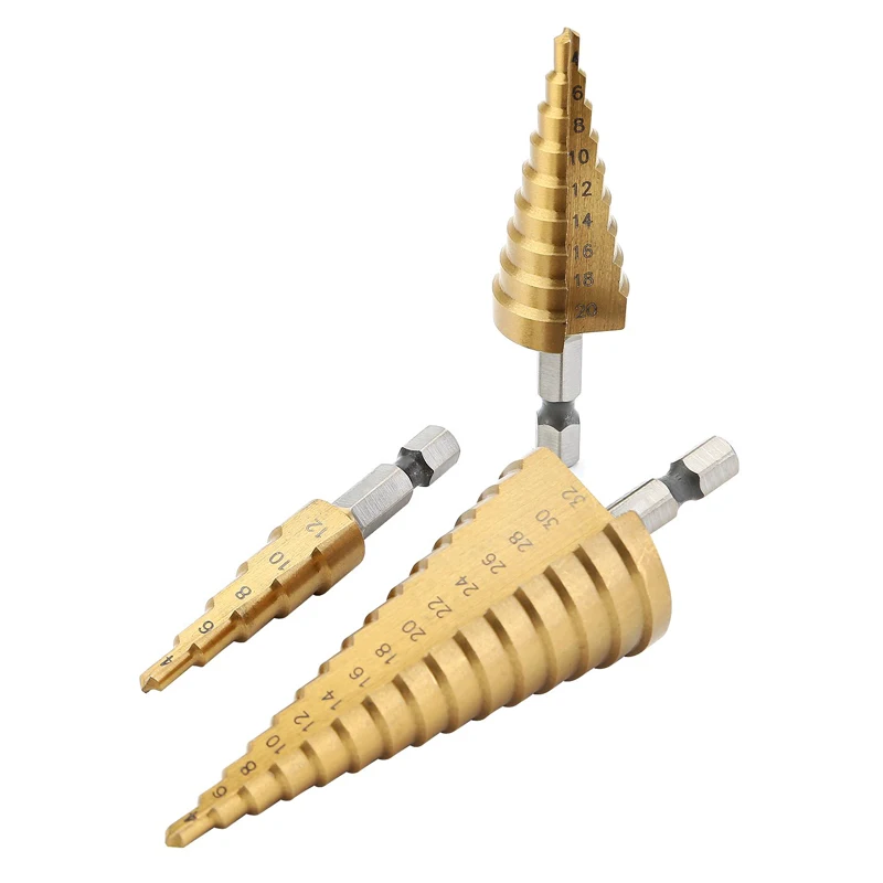 HSS Passo Punta Del Trapano s Hex Shank Cono Passo Core Punta Del Trapano Foro Cutter Set 4-12mm 4-20mm 4-32mm Metric Spirale Passo di Perforazione del Metallo