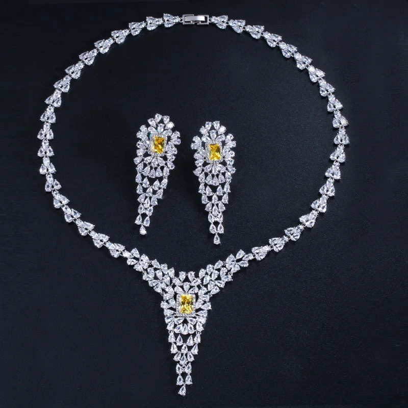 Pera CZ Vintage Big Yellow Cubic Zirconia Pear Shape Luxury Women Party Long Drop Chocke Necklace Jewelry Set For Wedding J140