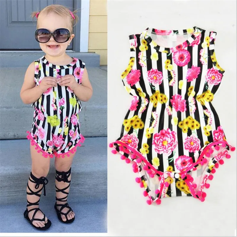 

2017 Summer Baby Jumpsuit Tassel Design Toddler Girls Clothing Kids Clothes Overalls for Newborns Girl outfit floral romper A166