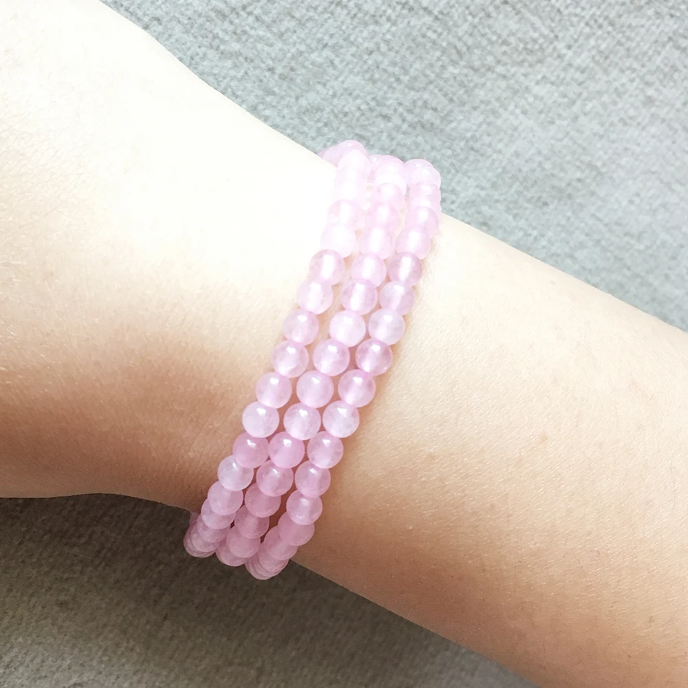 Ruberthen Fashion Design 4 mm Rose Quartz Stacking Bracelet set 3 Wrap Mini Gemstone Energy Bracelet Best Gift for Girls