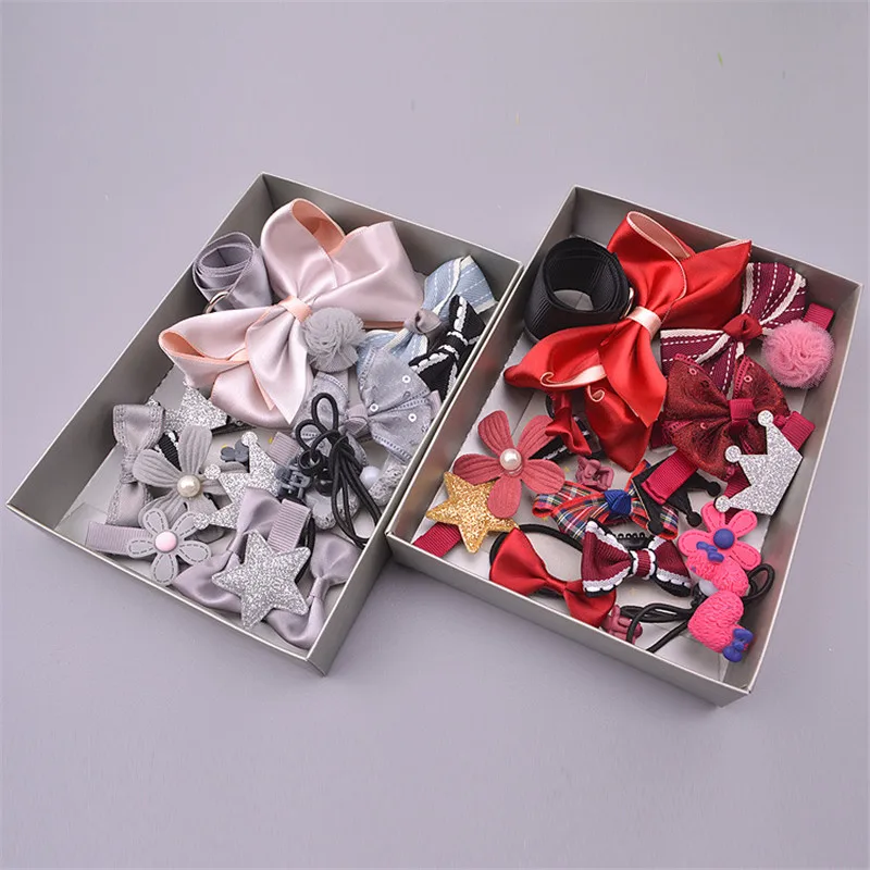 

1 Set(17pcs) Mix Style Girls Hair Bows Kits with Full Covered Clips Hairclips Hair Ties Crown Kids' Hair Accessories