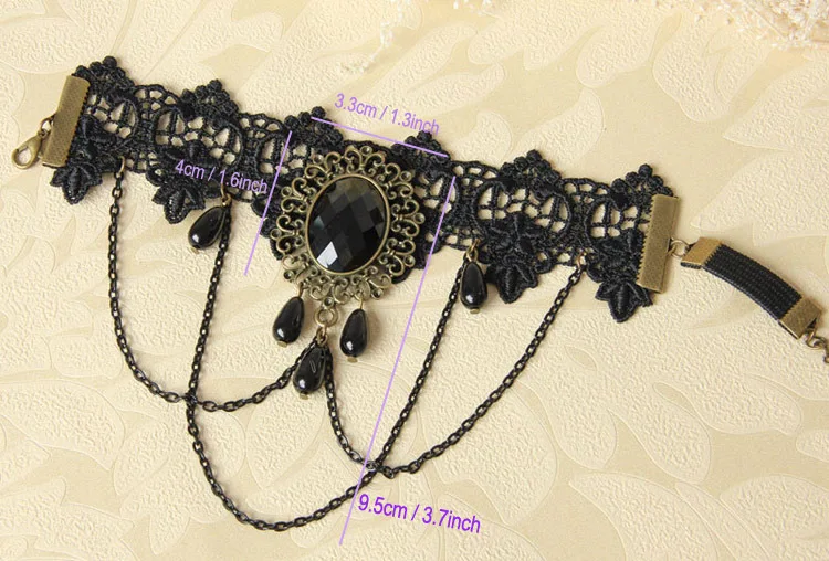 Womens New Ladies Handmade Layered Chain Flower Black Lace Oval Beads Drop Arm Band Armband Armlet Bracelet Gothic Dance Vintage