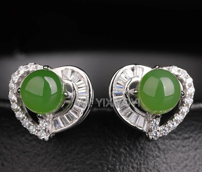 Beautiful 925 Silver Green HeTian Jade Round Beads Inlay Heart Stud Earrings Woman's Lucky Earring Ear Jewelry Certificate