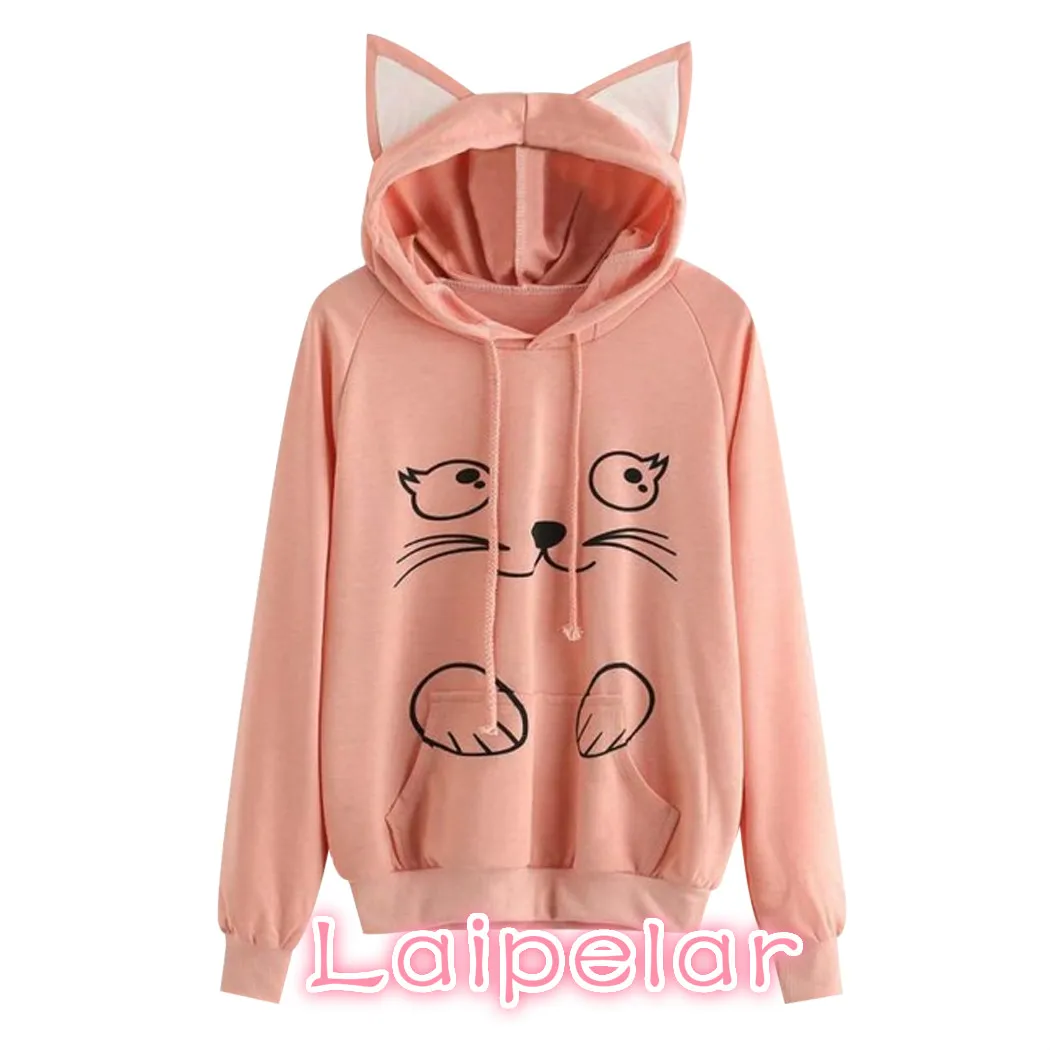 

Fashion Cute Cat Print Hoodies Women Cat Ear Cartoon Long Sleeve Sweatshirt Kawaii Lovely Ladies Pullovers Sudadera Mujer