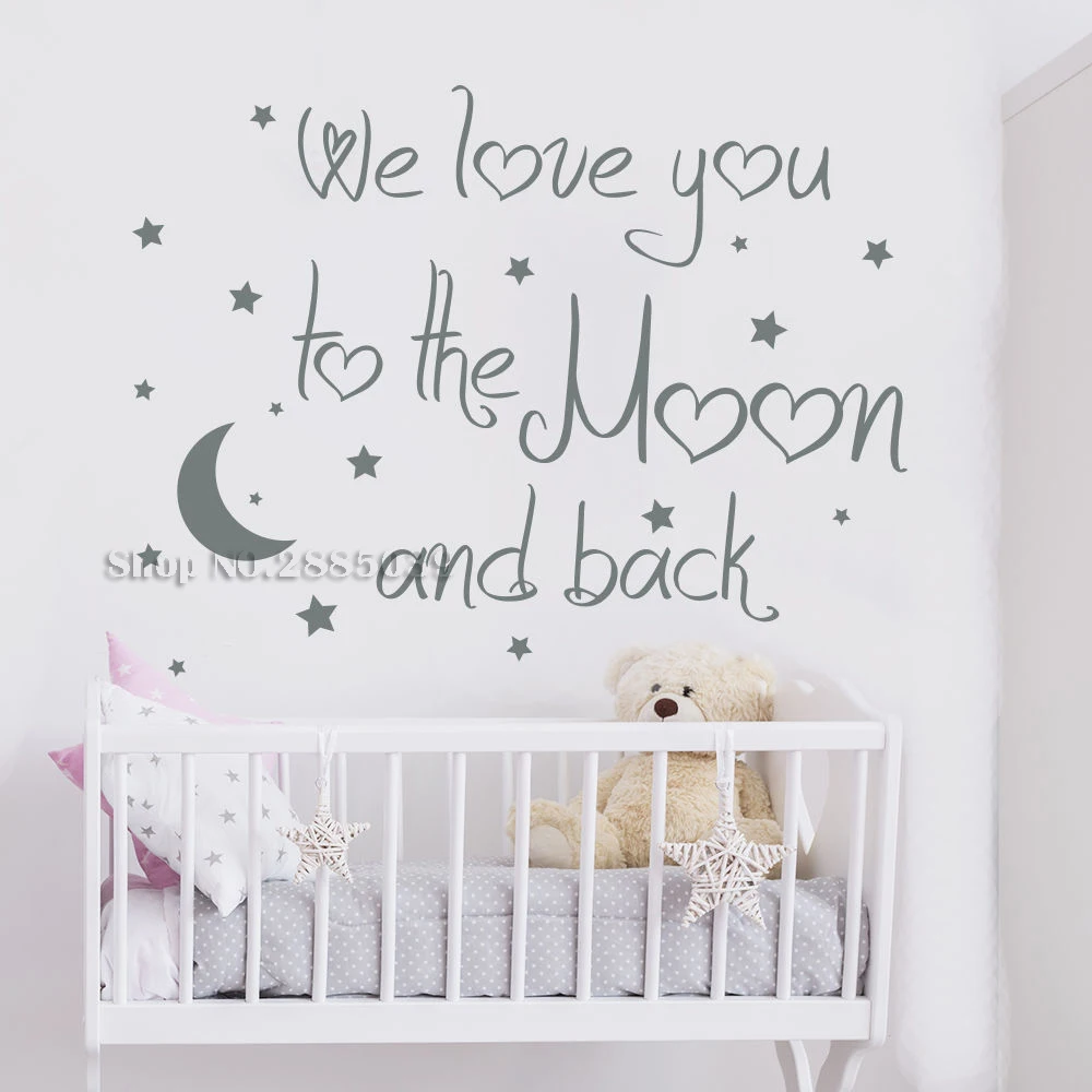 Art Lovely Baby Nursery Wall Decal Quote We Love You To The Moon And Back Wall Decals Moon Sticker Home Decor Modern Mural LA757 image 5