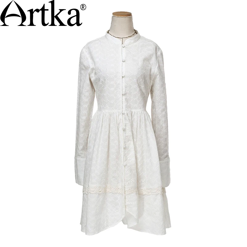 ARTKA Women\'s Elegant Bohemian Medium Style Stand Collar Pleated Swing Hem Long Sleeve Cotton Shirt SA14152C