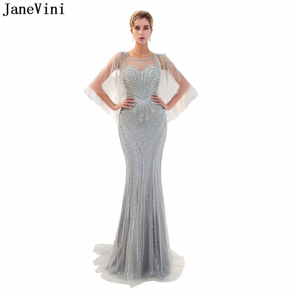 

JaneVini Luxurious Gray Mermaid Dubai Long Bridesmaid Dresses Scoop Neck Full Beading Backless Elegant Pageant Tulle Prom Gowns