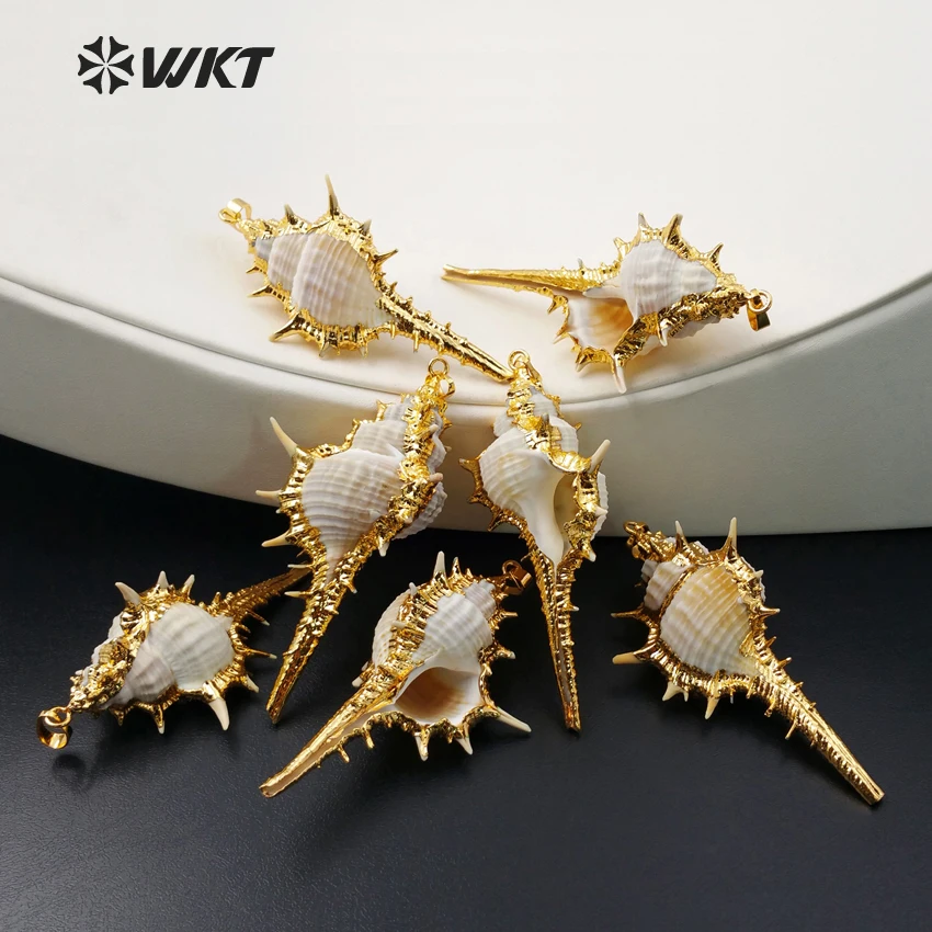 WT-JP023 Wholesale Fashion jewelry golden conch pendant , hot sales genuine sea shell trumpet with gold color pendant for women