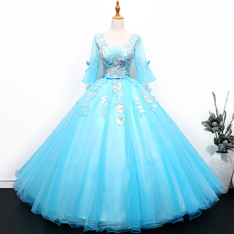 

ruthshen Vestido Debutante 15 Anos Quinceanera Dresses V-neck Illusion Ball Gowns Appliques Half Sleeves Prom Gowns New Arrival