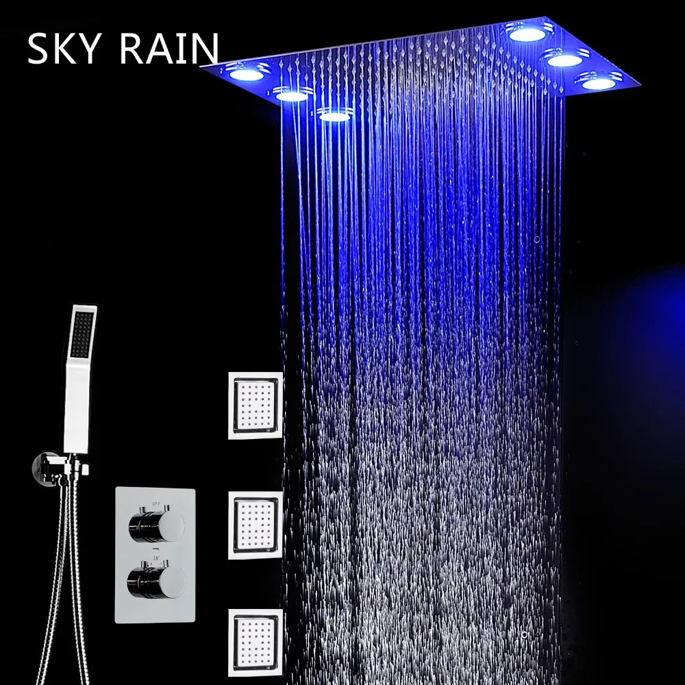 

20x14 Inch 500x360MM LED Rainfall Shower Head Panel Faucet System Constant Temperature Mixer Diverter Massage Lateral Body Jets