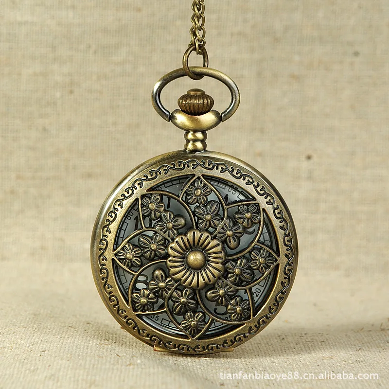 

Lotus Pattern Vintage Charm Flower Perspective Fancy Bronze Design Hollow Cover Classic Quartz Casual Unisex Pocket Watch