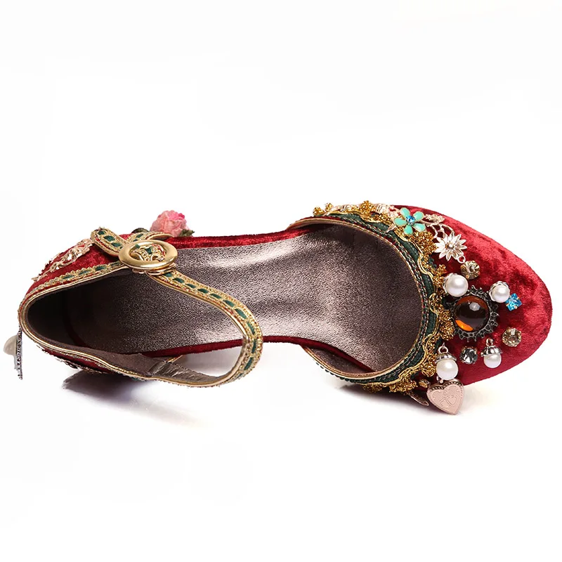 Phoentin velvet ankle strap Chinese wedding shoes women crystal buckle pearl rhinestone flower decoration mary jane shoe FT267