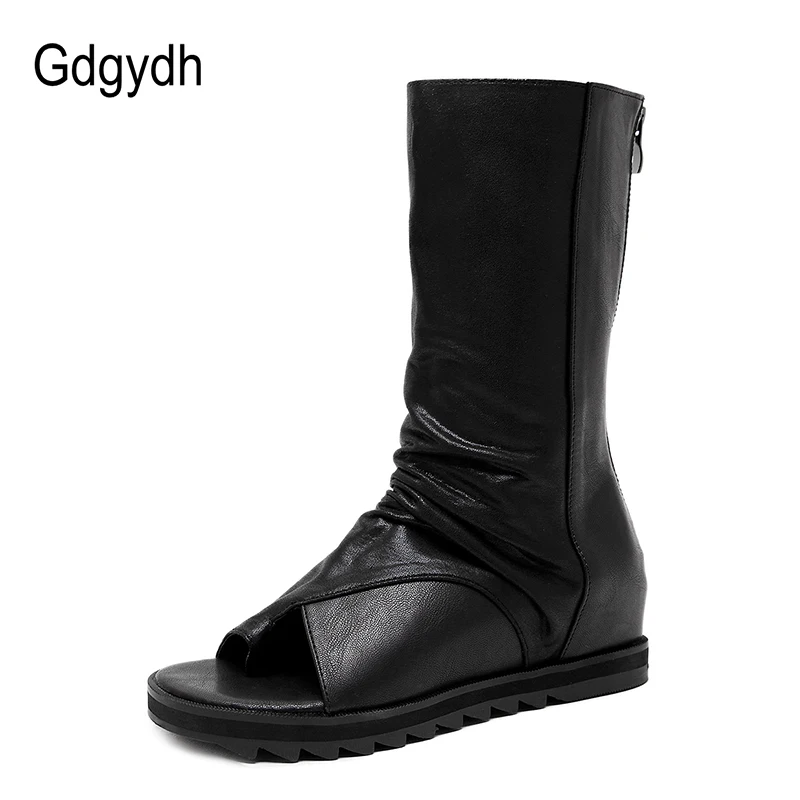 Gdgydh Zipper Design Black Women Shoes Wedges 2022 New Spring Autumn Open Toe Leather Mid-Calf Boots For Women Promotion Sale