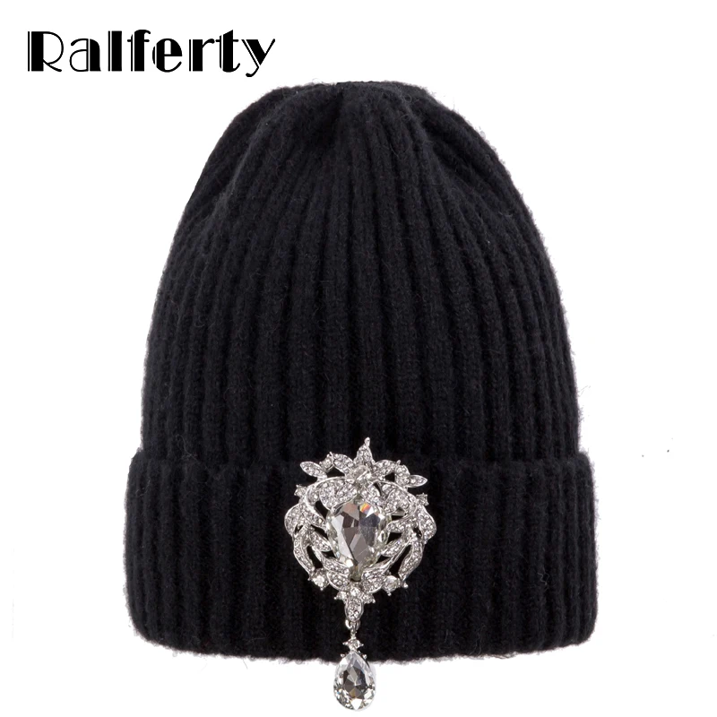 

Ralferty Knitted Winter Hat Women Skullies Beanies Ladies Luxury Crystal Hats Cap Autumn Warm Skull beanie Black bonnet femme