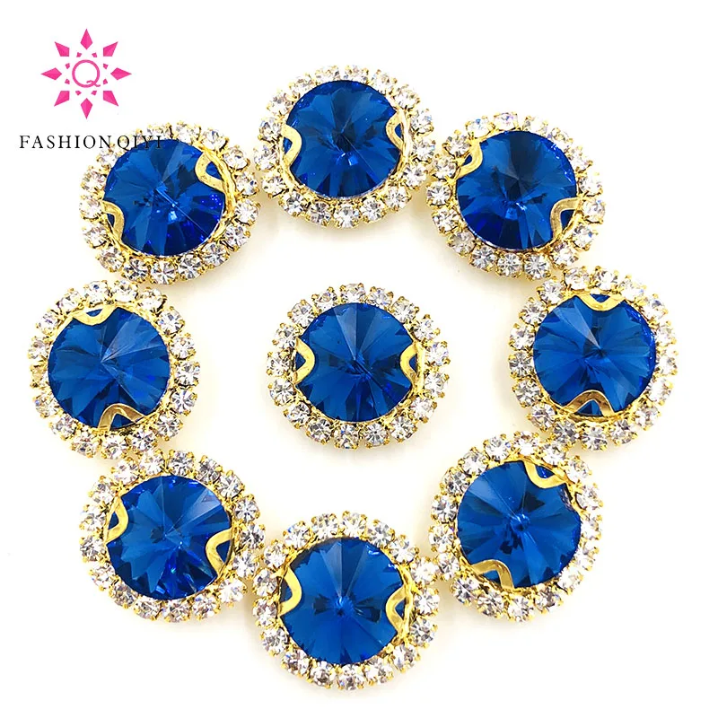 New 10pcs/pack Light blue Round shape gold base sew on rhinestones Crystal button wedding decoration diy/clothing accessories