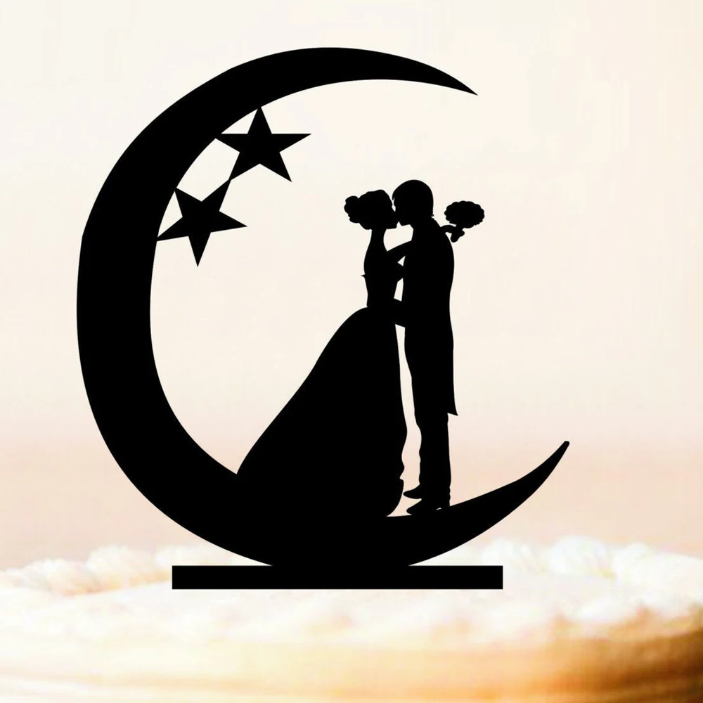 Moon and Stars Wedding Cake Topper,Bride and Groom Kissing Silhouette,Romantic And Unique Mr And Mrs Wedding Cake Decor