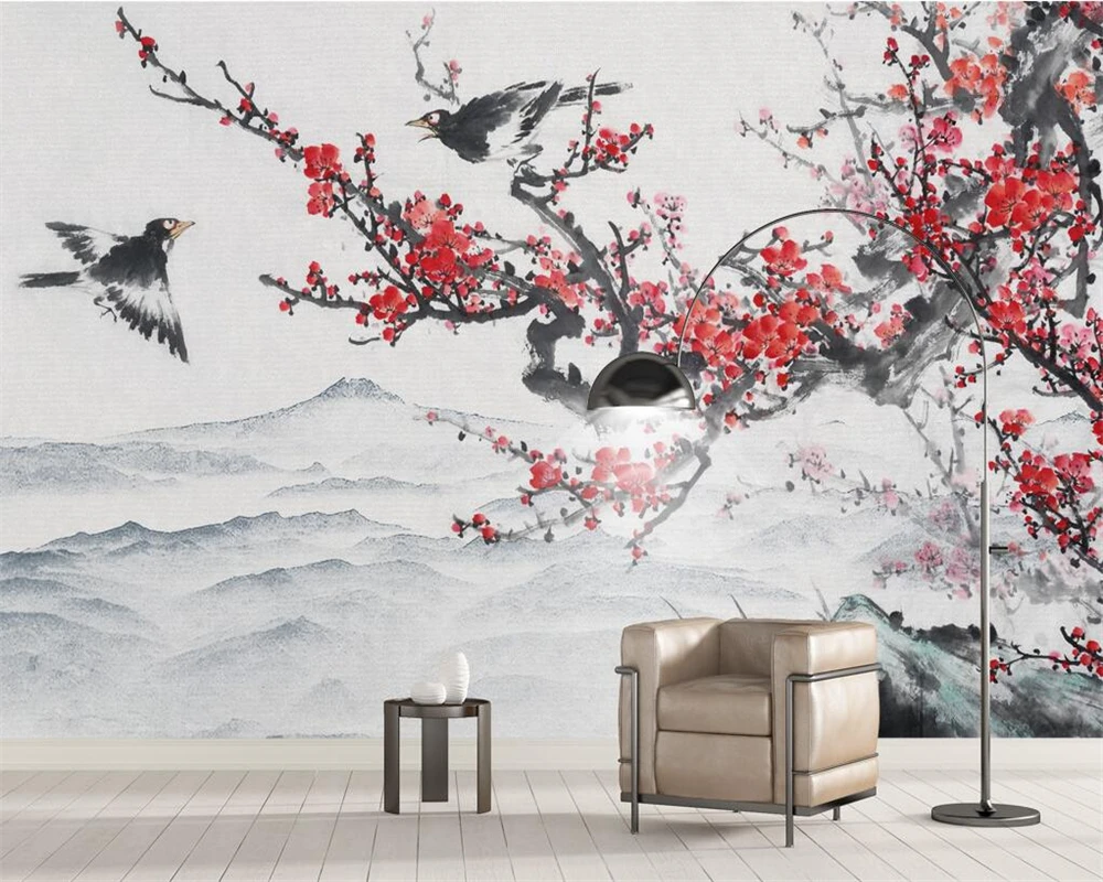 

Beibehang Custom wallpaper murals Chinese flower and bird ink hand painted plum landscape TV background walls mural 3d wallpaper