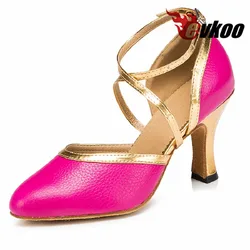 Evkoodance Customsize Pink With Golden Pu High Height 8 cm US 4-12 Ballroom Latin Dance Shoes For Women Evkoo-496