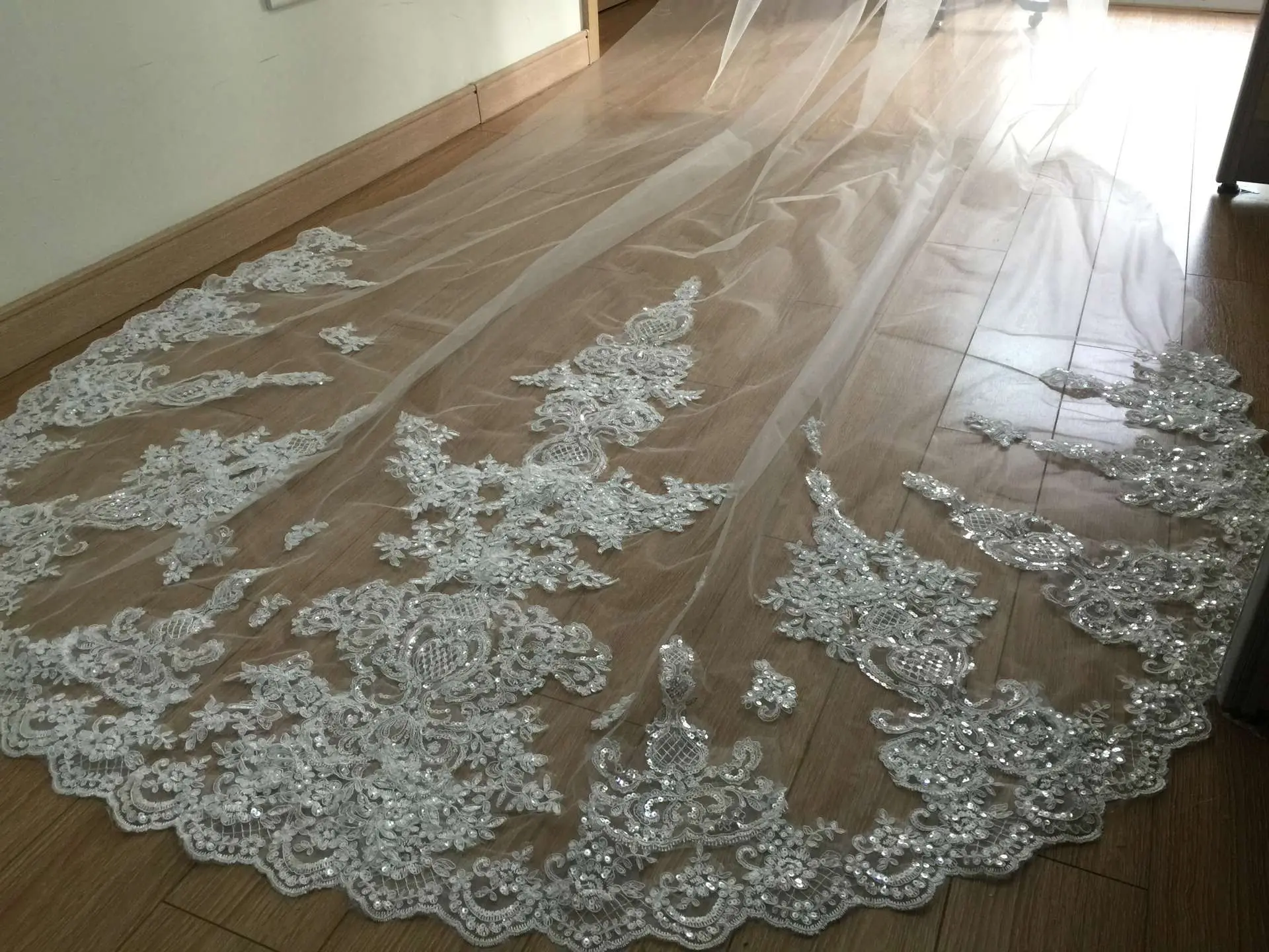 Voile de mariée en dentelle à sequins de luxe, voile de mariée cathédrale blanc ivoire et peigne, 3m