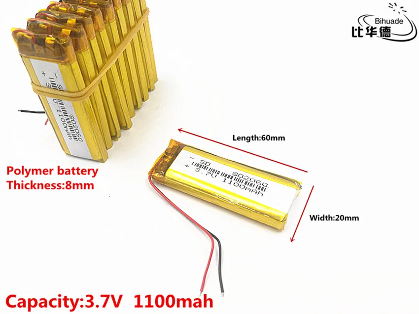 Dobra jakość 3.7 V, 1100 mAH 802060, polimerowa bateria litowo-jonowa/akumulator litowo-jonowy do tablet pc BANK, GPS, mp3, mp4