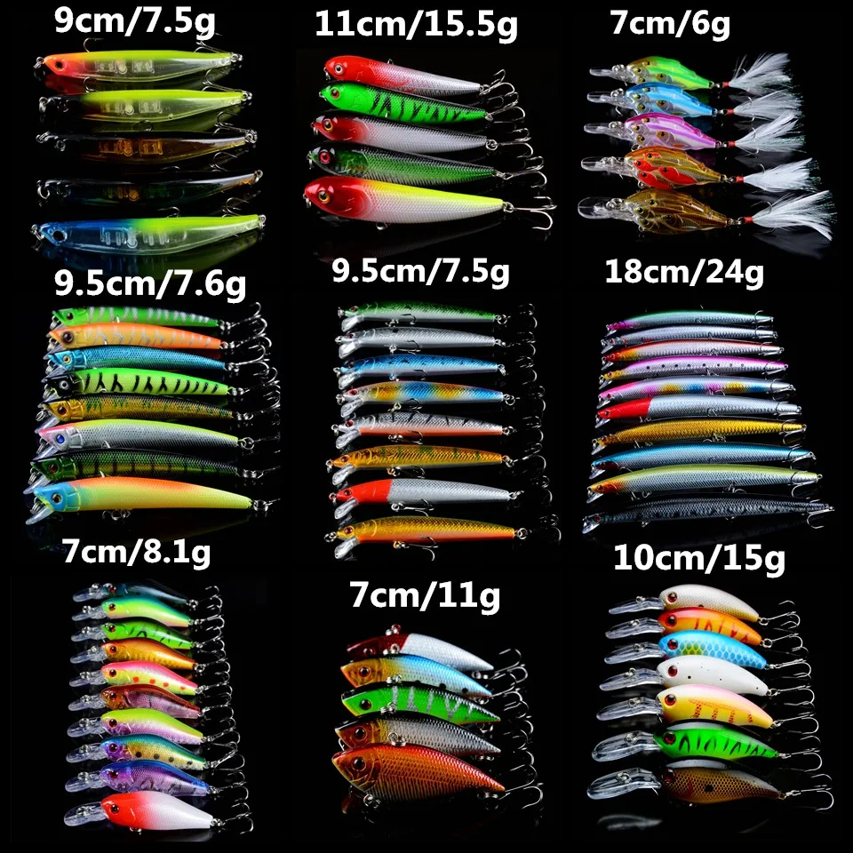 

63pcs/lot Fishing Lures Mixed 9 Models Hard Baits Artificial Make Qualtiy Lifelike Fishing Tackle Minnow/Crank and VIB bait mix