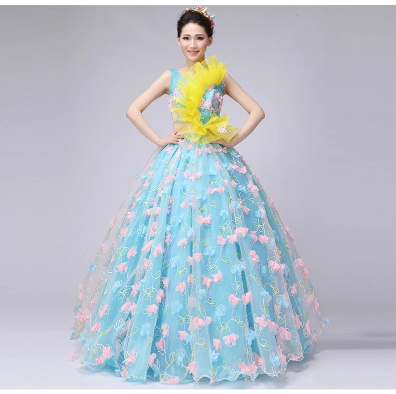 100%real blue flower petal pink embroidery ball gown royal medieval dress princess Renaissance Gown queen gown Victorian dress