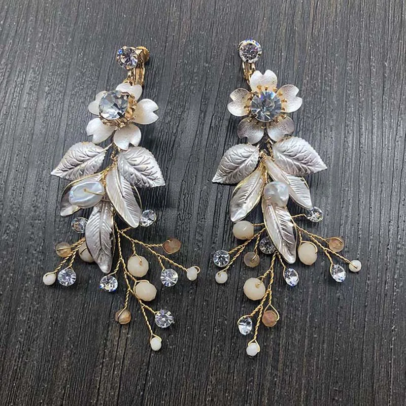 SLBRIDAL Handmade Rhinestones Crystal Pearl Clip on Wedding Dangle Earring Bridal Chandelier Earring Fashion Women Girls Jewelry