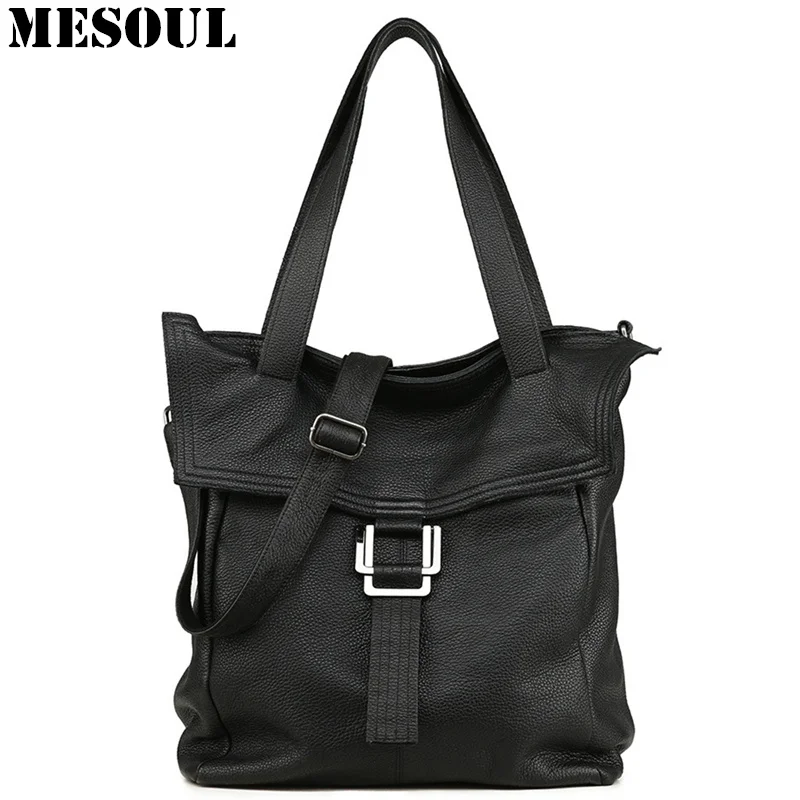 MESOUL 100% Genuine Leather Handbag Large Capacity Black Women Shoulder Bag Casual Tote High Quality Crossbody Bags For Ladies