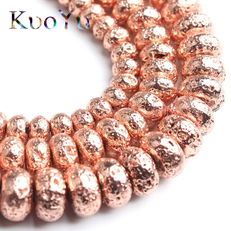 Natural Lava Volcanic Stone Rose Gold Black Silver Plated Flat Shape Loose Beads For Jewelry Making DIY Bracelets 15\'\' 6/8/10mm