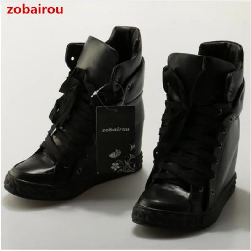 

Zobairou black leather ankle boots for women high top platform espadrilles height increasing rain boots causal shoes sneakers