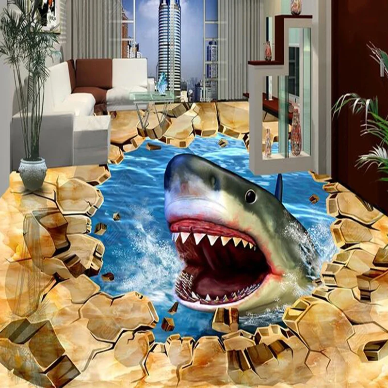 Custom 3D Floor Mural Wallpaper Stereo Shark Living Room Bazaar PVC Self Adhesive Waterproof Cartoon Floor Sticker 3D Wall Paper