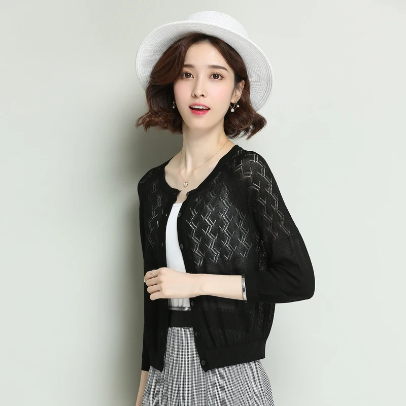 

Women Summer Hollow Knitwear Elegant Lady Short Thin Knit Outwear Slim See Through Knit Coat