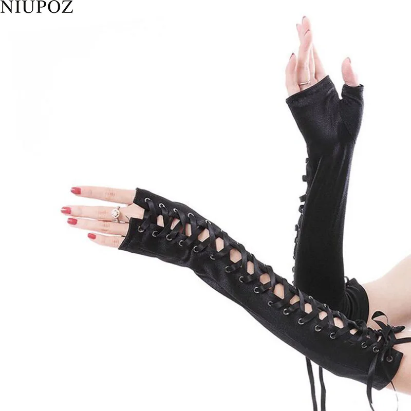 New Sexy Lace Long Nylon Mesh Female Punk Gloves Women Nightclub Temptation Ribbon Rivets Ritual Dance Fingerless Gloves S80