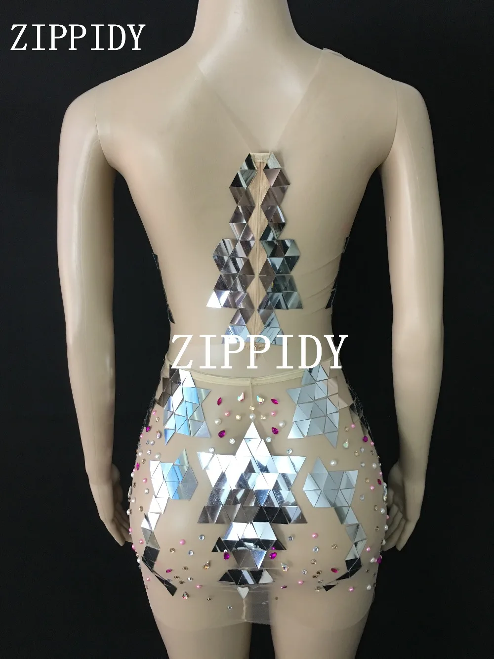 Fashion Sexy Colorful Pearls Rhinestones Mesh Outfit  Dance Wear Mirrors Outfit Nightclub Singer Silver Sequins Top Skirt