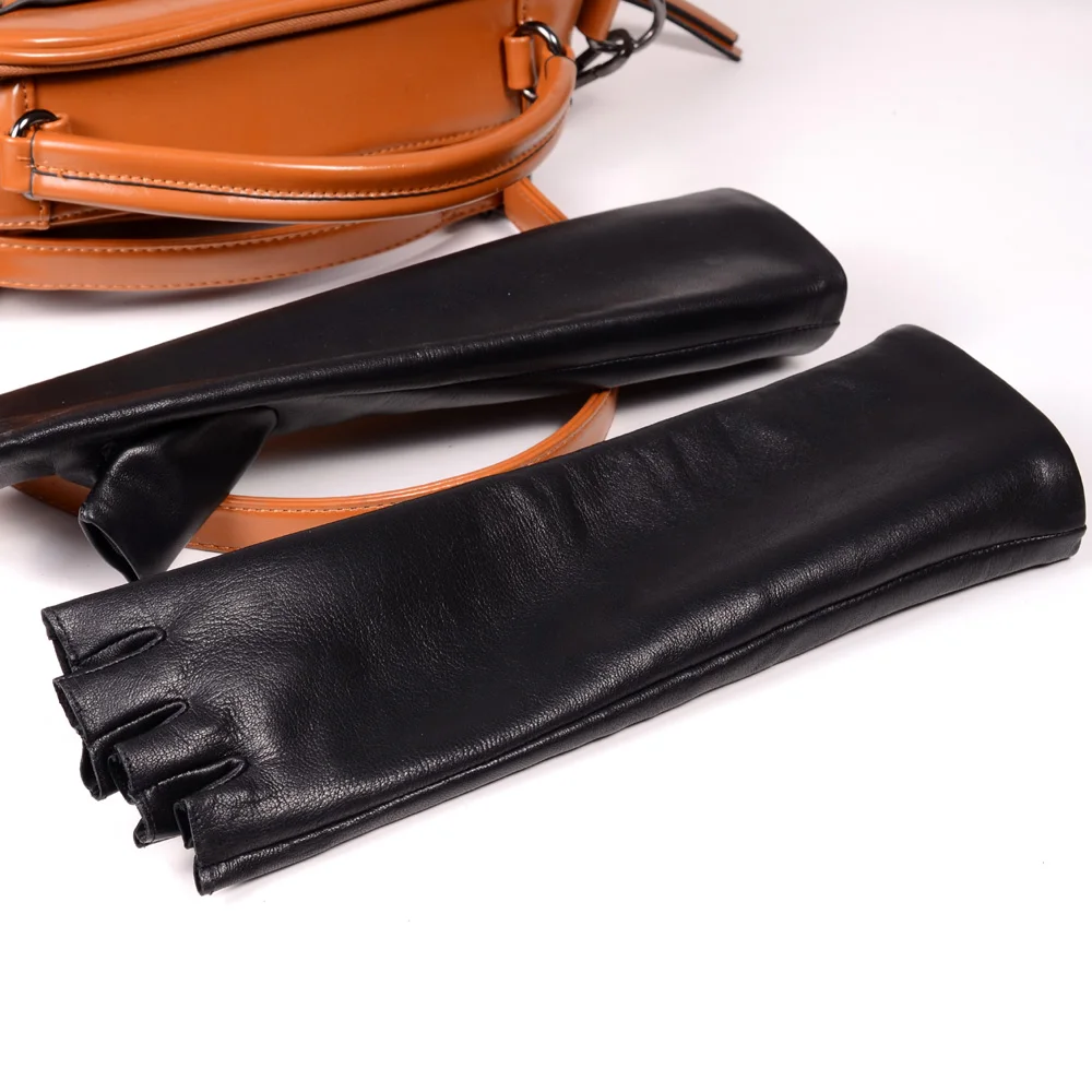 Mitaine de soirée en cuir de mouton véritable pour femme, gants longs, sans doigts, demi-doigt, opéra, dames