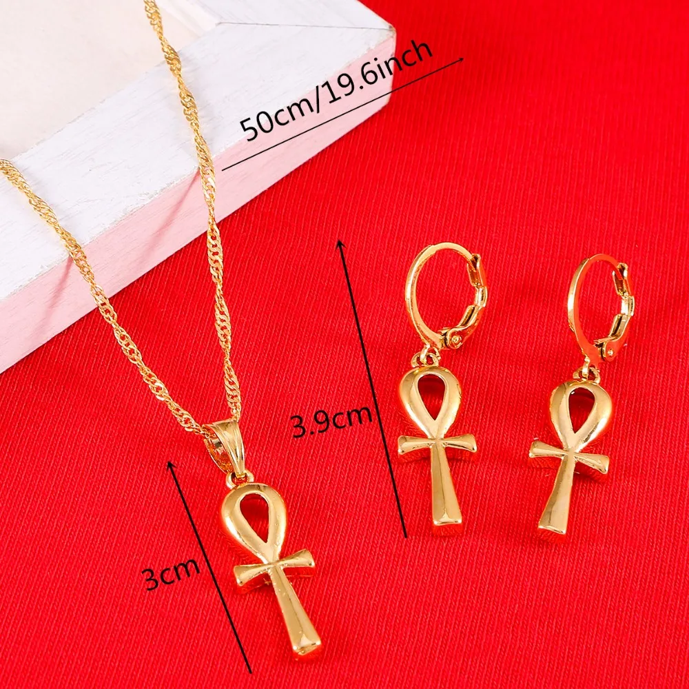 Egyptian Ankh Cross Jewelry Set Women Gold Color Charms Jewelry Girls Egypt Hieroglyphs Crux Ansata Set