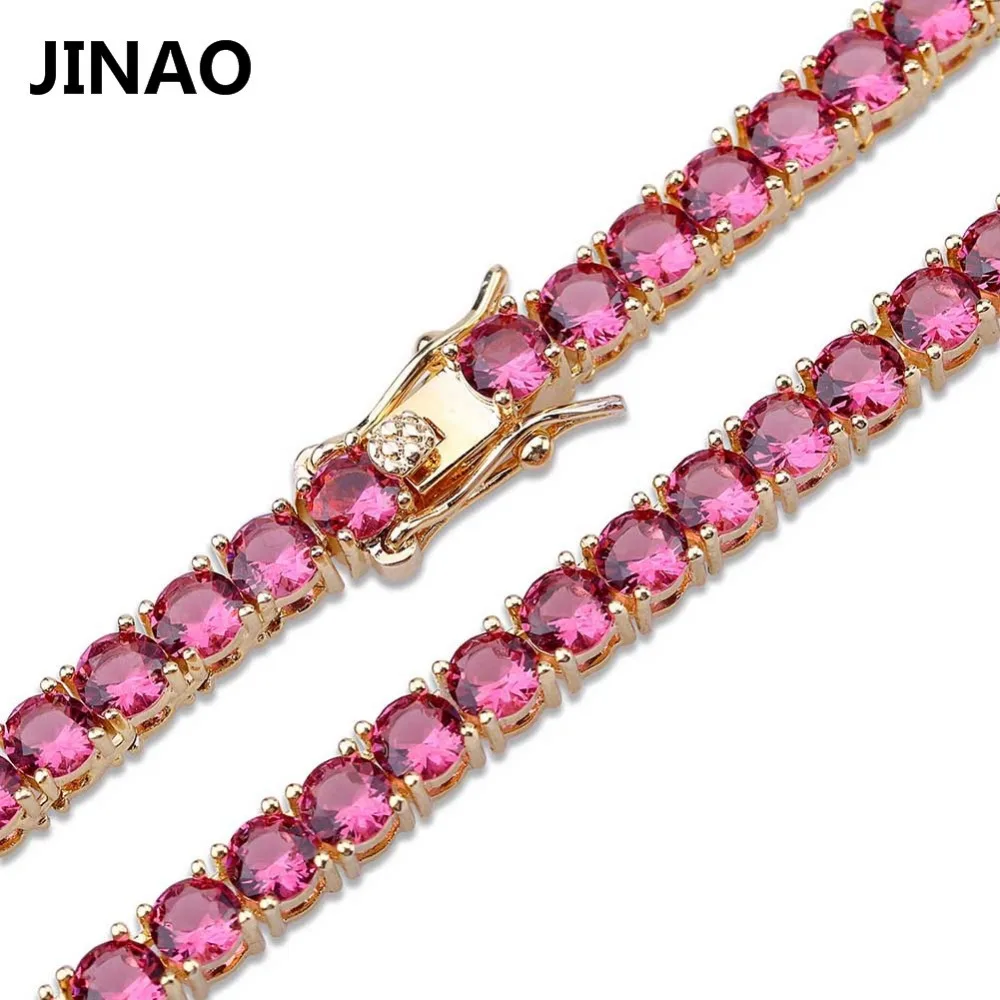 JINAO The Fashion Tennis Necklace With 4mm Width Red Blue Color Iced Out CZ Paved Link Chain Hip Hop Jewelry Gift For Women Men