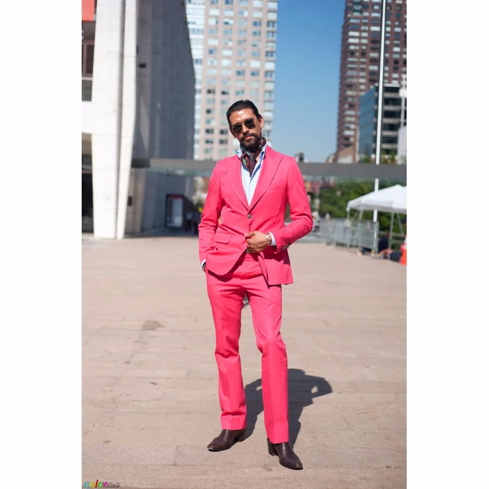 

Hot Pink Men Suits Blazer With Pants Fashion Big Lapel Slime Fit Groomsmen Topic Wedding Party Tuxedos (Jacket+Pants)