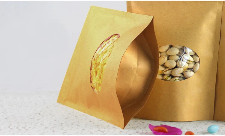 18*26+4cm 500pcs Stand Up Clear Oval Window Brown kraft paper bags with Zipper lock for Food/Tea/Nut Resealable Packaging Bag