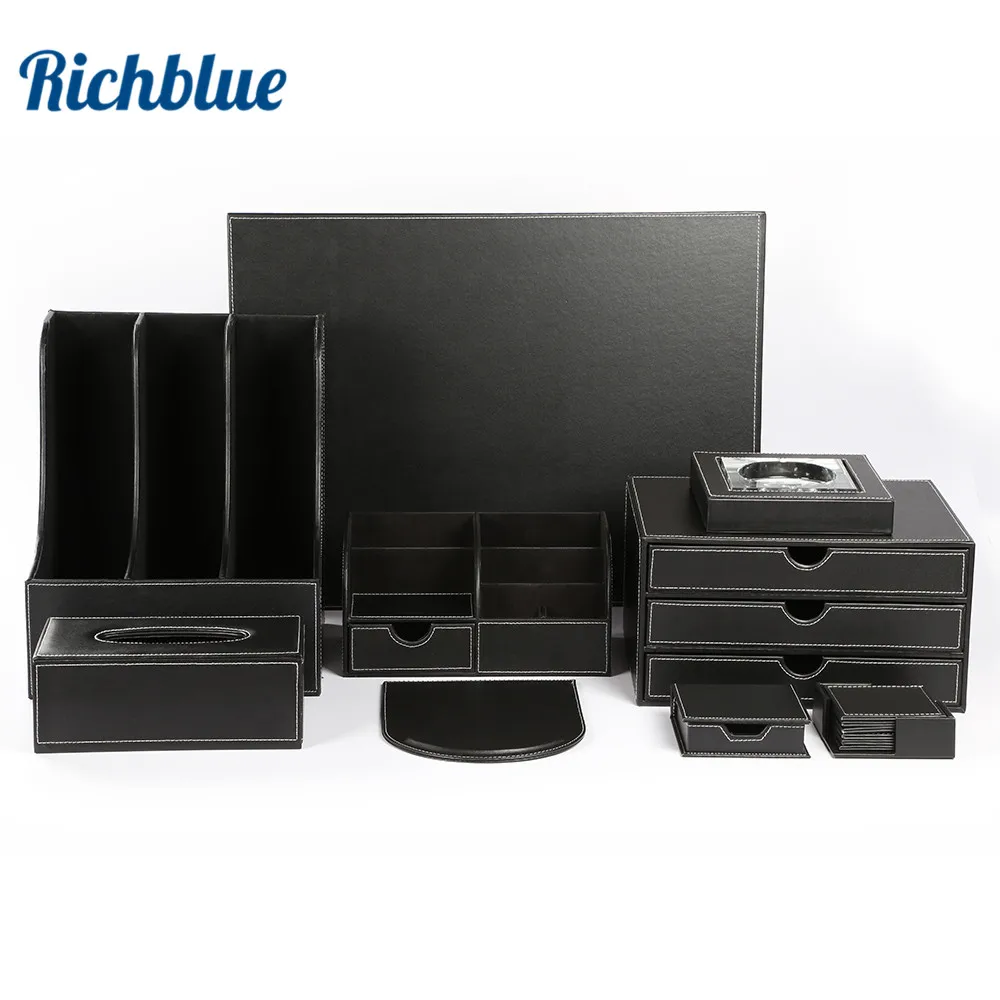 Deluxe Office Desk Organizer 9 Piece Set Pen Pencil Holder Mouse Pad Storage Box Tissue Case Ashtray File Rack Black/Brown