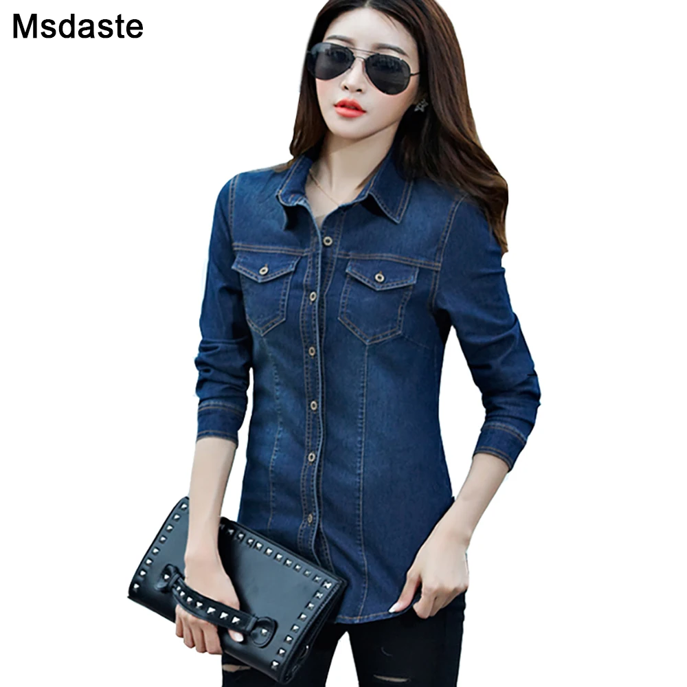 Kemeja Jeans Wanita 2019 Lengan Panjang Slim Kasual Vintage Elastis Wanita Kemeja Denim Tops Blusas Feminina Wanita Blus dan Atasan