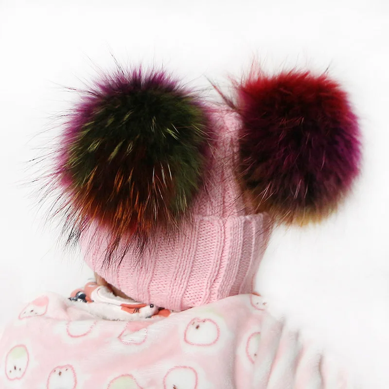 GZHilovingL INS Baby Girls Boys Autumn Winter Knitted Hats Real Multi Color Fur Ball For Kids Child Soft Acrylic Fur Pompom Hats