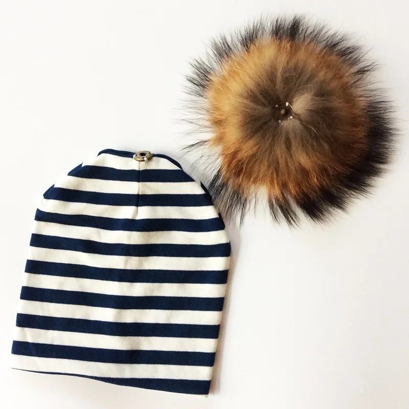 Baby Hat Faux Raccoon Fur Baby Boy Hat Artificial Hair Baby Girl Cap Winter Pompom Bobble Kids Cap Striped Children's Hats