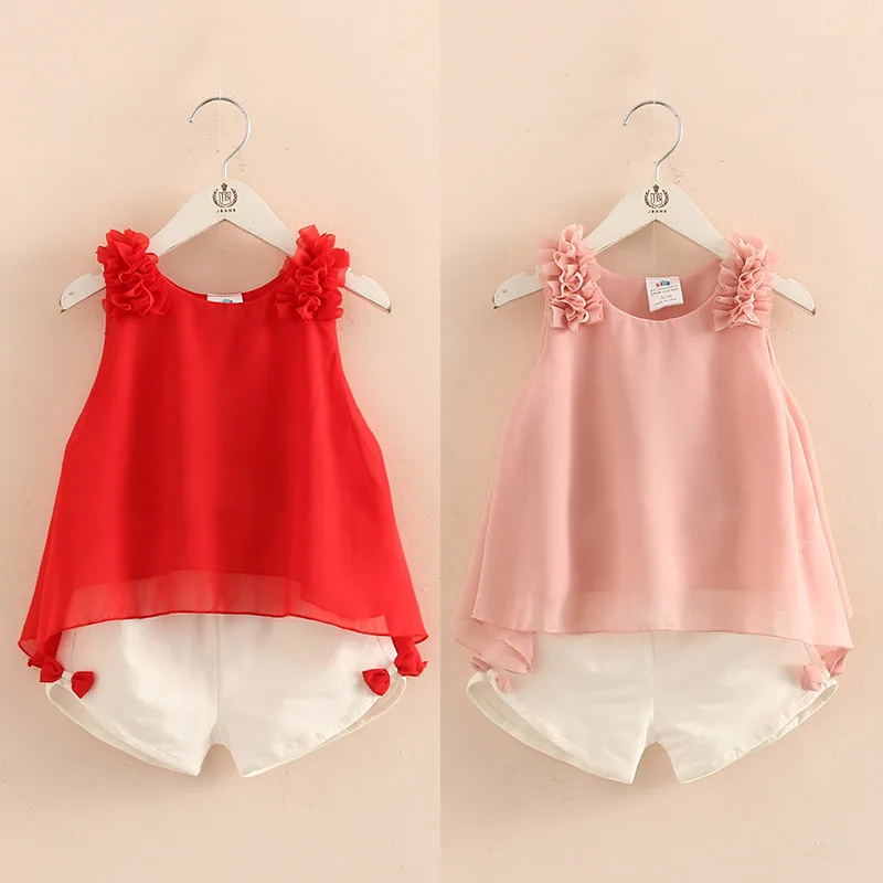 2024 Casual Cute 2 3 4 5 6 8 10 Years Solid Color Bow Flower Sleeveless T-shirt+Shorts 2 Pcs Baby Kids Girls Summer Clothing Set