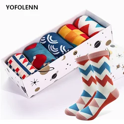 5 Pairs/lot Men's Funny Colorful Combed Cotton Socks Novelty Pattern Long Tube Crazy Wedding Skateboard Socks for Men (No Box)