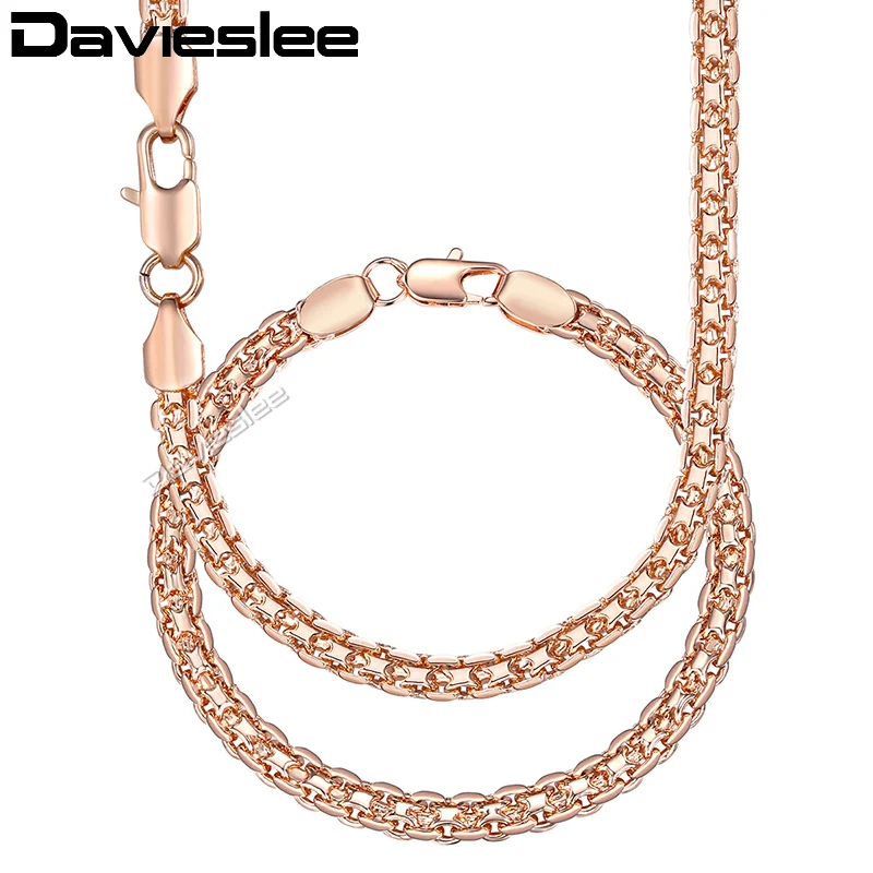 Davieslee 5mm Women\'s Necklace Bracelet Jewelry Set Braided Weaving Bismark Link 585 Rose Gold Color LGS275