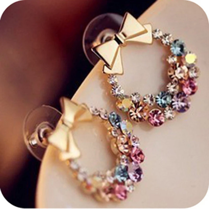 New Fashion Designer Jewelry Colorful Rhinestone Imitation Pearl Butterfly Bow Stud Earrings for Women Brincos