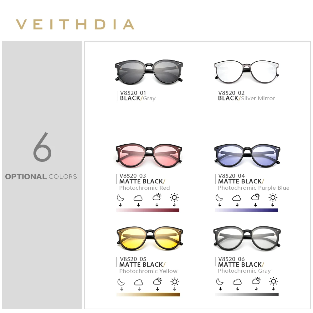 VEITHDIA-Lunettes de soleil photochromiques pour femmes, verres polarisés, miroir UV400, vintage, pour touristes de jour et de nuit, V8520