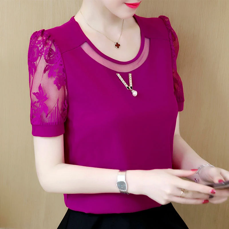 Women Spring Summer Style Chiffon Blouses Shirts Lady Casual Lace Short Sleeve O-Neck Blusas Tops DF2786