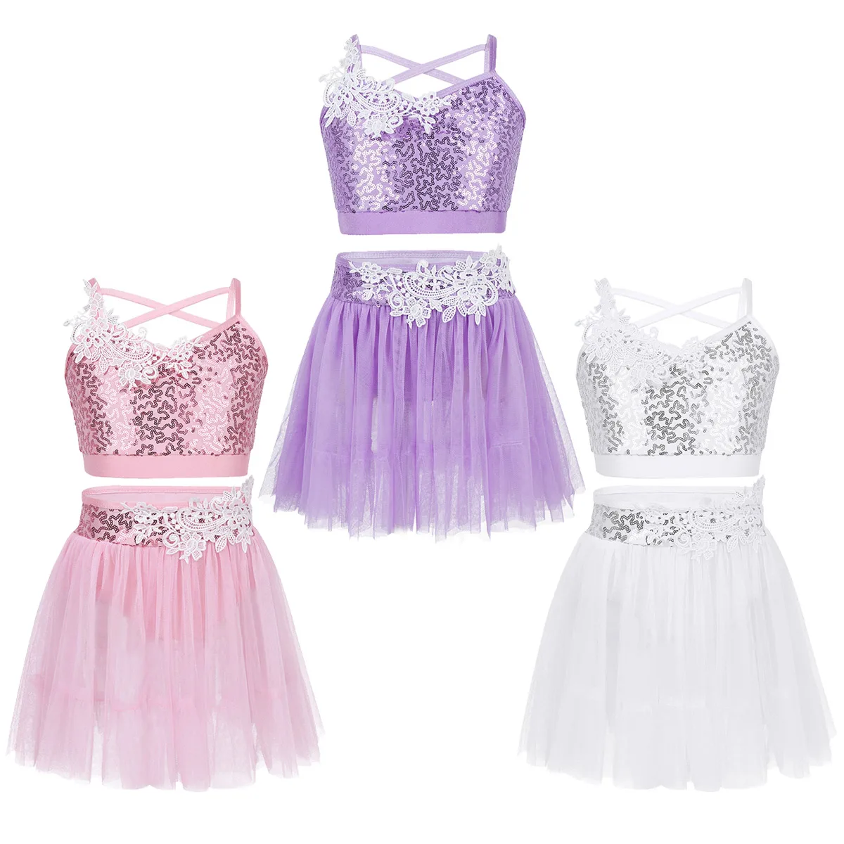 Girls Figure Skating Dress Baton Twirling Dance Costume Spaghetti Shoulder Straps Sequined Crop Top with Tulle Tutu Skirt Set